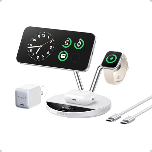 Anker Prime 3-in-1 Charging Station, Qi2.2-Certified 25W Wireless Charger Dock Stand, MagSafe Compatible, Smart Display with TEC Active Cooling, for iPhone 17, Apple Watch, AirPods, and More