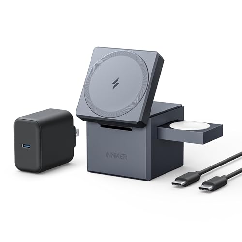 Anker 3-in-1 Cube Wireless Charger, MagSafe Charging Stand, 15W Foldable Fast Charging Station for iPhone 17/16/15, Apple Watch 1-8/Ultra, AirPods (Adapter Included, Non-Battery)