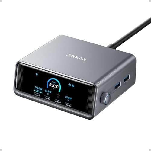 Anker Prime Charging Station, 250W 6-Port GaN USB C Charger, 2.26" LCD Smart Display Control, Compatible with iPhone, Galaxy, MacBook, Dell for Home Office, Gaming Desk Accessories