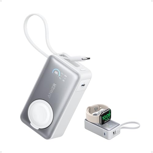 Anker MagGo Power Bank for Apple Watch, Officially Certified 10,000mAh Compact Battery Pack with Built-in USB-C Cable, 35W Max, for iPhone 15 Series, Samsung, iPad, AirPods, and More(White)