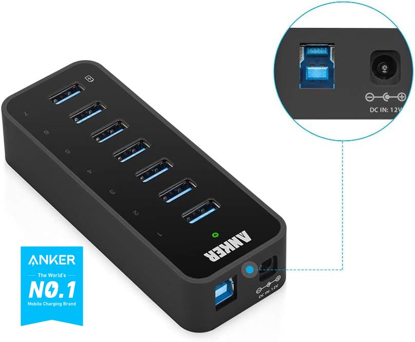 Anker Powered USB Hub for Laptop, 7 Ports USB 3.0 Data Hub, with 36W Power Adapter and BC 1.2 Charging Port for iPhone 7/6s Plus, iPad Air 2, Galaxy S Series, Note Series, Mac, PC, USB-Flash Drives