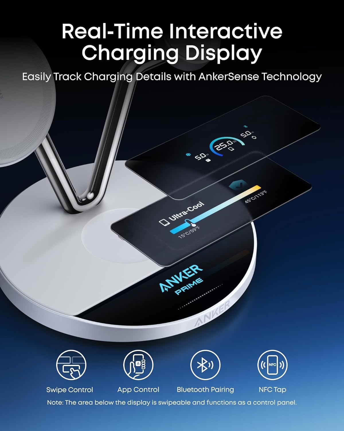 Anker Prime 3-in-1 Charging Station, Qi2.2-Certified 25W Wireless Charger Dock Stand, MagSafe Compatible, Smart Display with TEC Active Cooling, for iPhone 17, Apple Watch, AirPods, and More