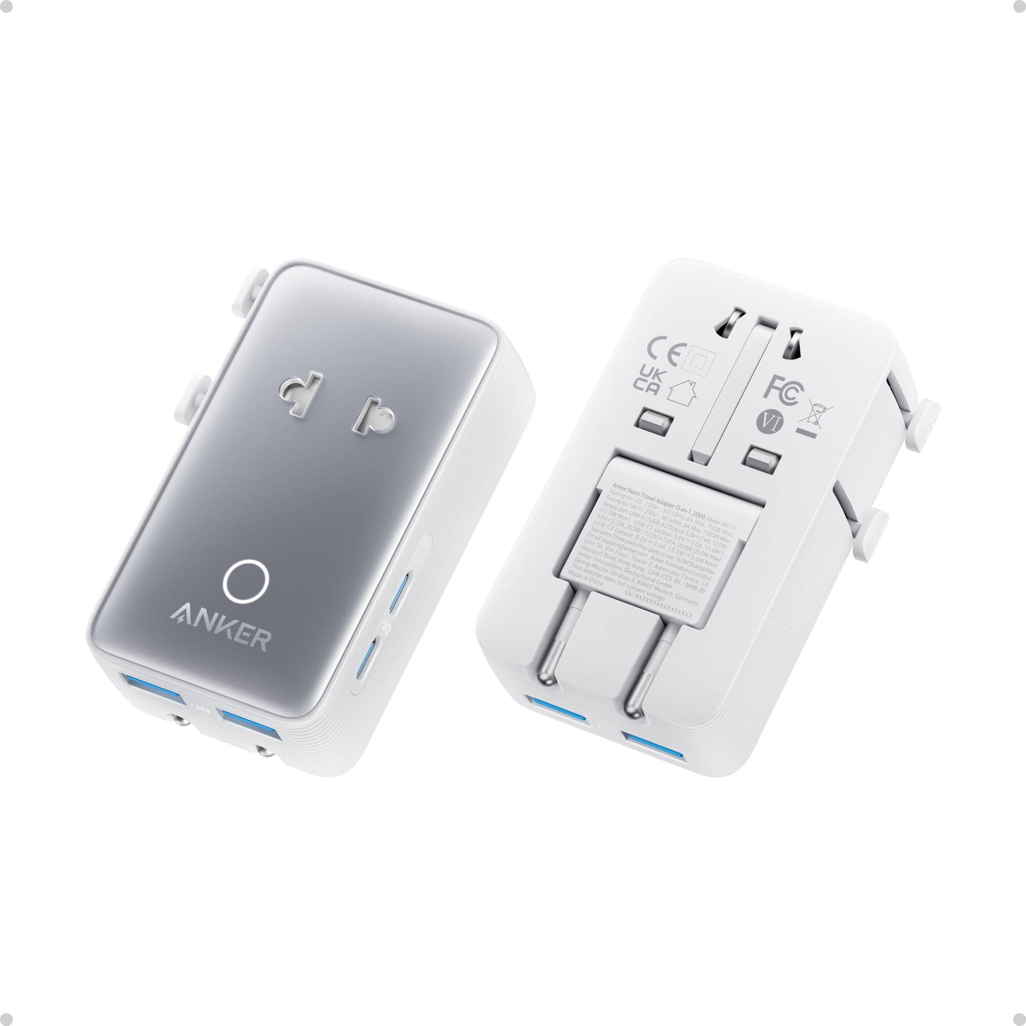 Anker Nano Travel Adapter, 5-Port Power Adapter with 1× 2-Pin AC, 2 USB A, 2 USB C for 20W, Smart Temperature Control, Works in 200+ Countries, Not a Voltage Converter, Travel Essentials (1-Pack)