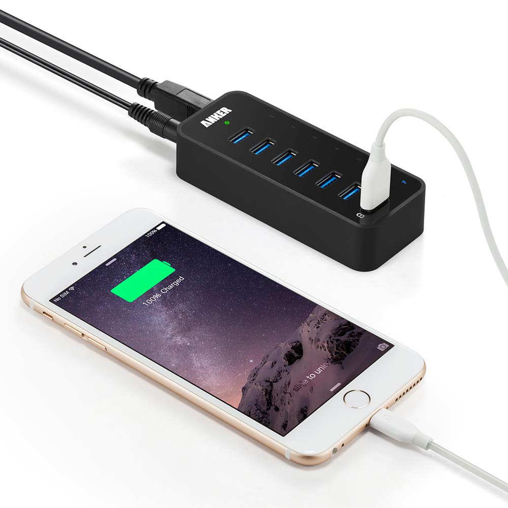 Anker Powered USB Hub for Laptop, 7 Ports USB 3.0 Data Hub, with 36W Power Adapter and BC 1.2 Charging Port for iPhone 7/6s Plus, iPad Air 2, Galaxy S Series, Note Series, Mac, PC, USB-Flash Drives