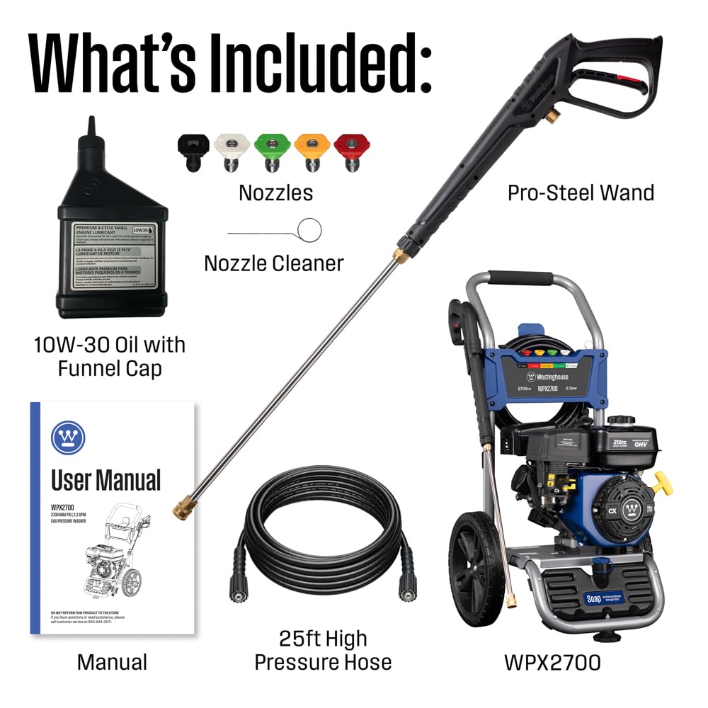 Westinghouse WPX2700 Gas Pressure Washer, 2700 PSI and 2.3 GPM, Onboard Soap Tank, Spray Gun and Wand, 5 Nozzle Set, for Cars/Fences/Driveways/Homes/Patios/Furniture
