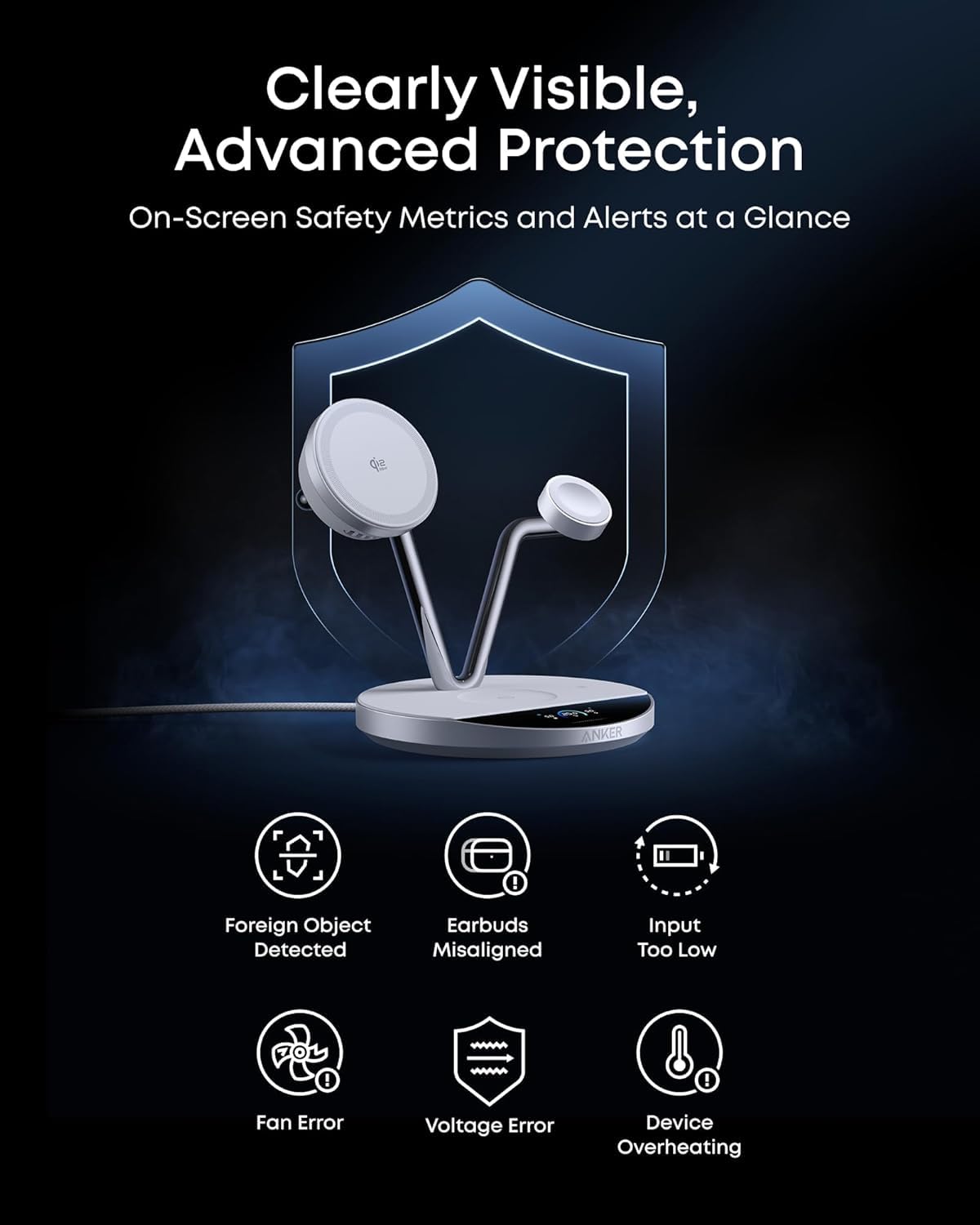 Anker Prime 3-in-1 Charging Station, Qi2.2-Certified 25W Wireless Charger Dock Stand, MagSafe Compatible, Smart Display with TEC Active Cooling, for iPhone 17, Apple Watch, AirPods, and More