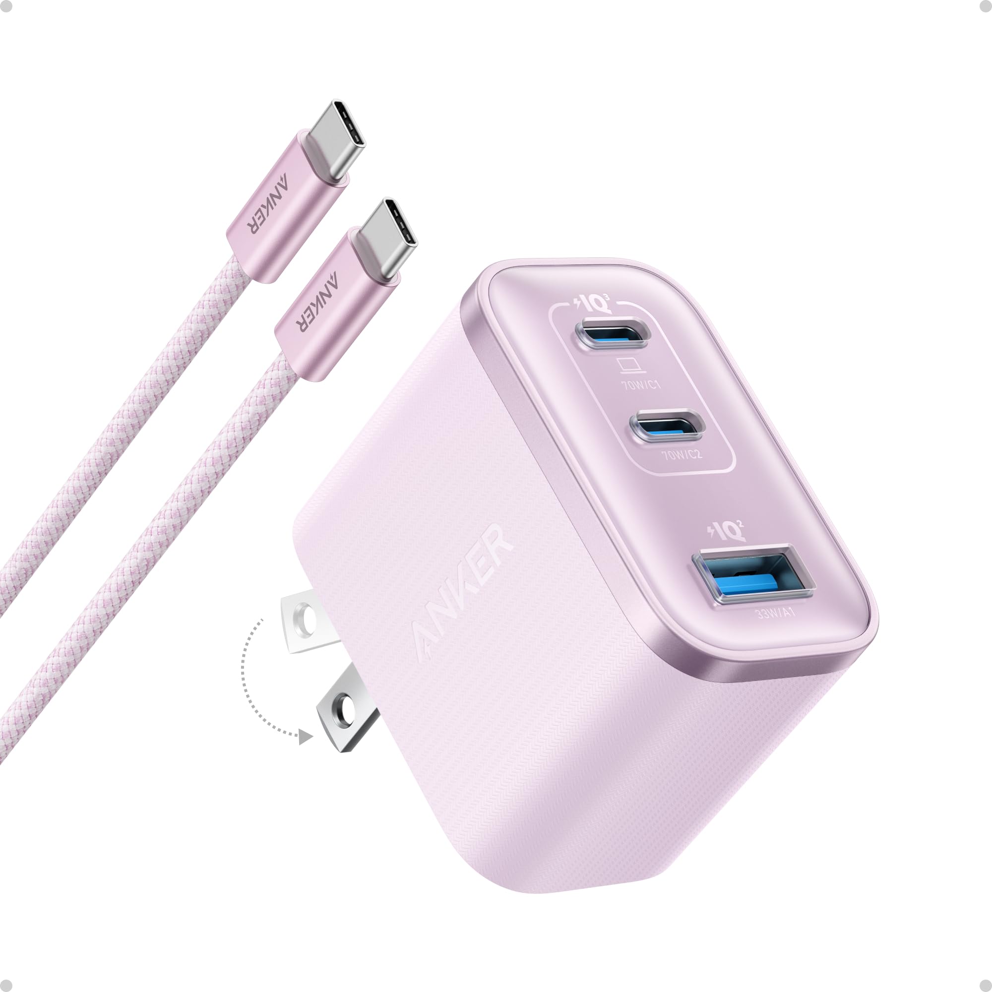 Anker Nano USB C Charger, Ultra-Fast 70W Output 3-Port Fast Charger USB C, Type C Charger Fast Charging, Compact and Stylish, for iPhone 17/16 Series,MacBook, iPad and More(White, Cable Included)