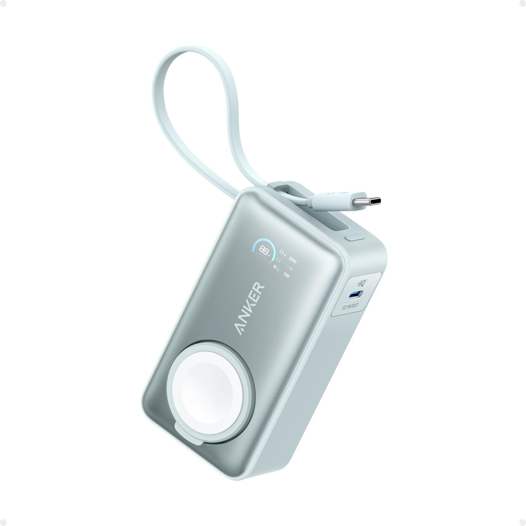 Anker MagGo Power Bank for Apple Watch, Officially Certified 10,000mAh Compact Battery Pack with Built-in USB-C Cable, 35W Max, for iPhone 15 Series, Samsung, iPad, AirPods, and More(White)