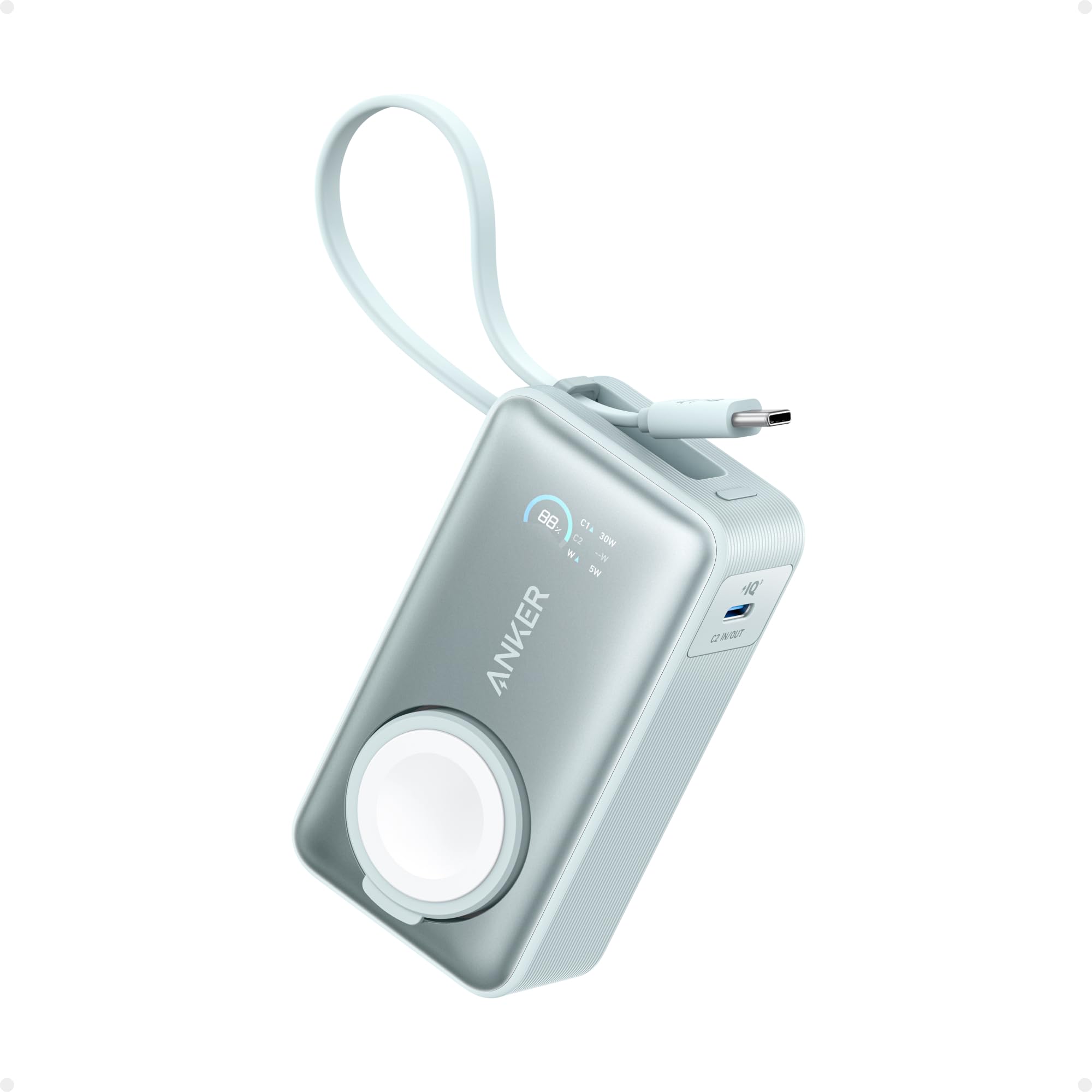 Anker MagGo Power Bank for Apple Watch, Officially Certified 10,000mAh Compact Battery Pack with Built-in USB-C Cable, 35W Max, for iPhone 15 Series, Samsung, iPad, AirPods, and More(White)
