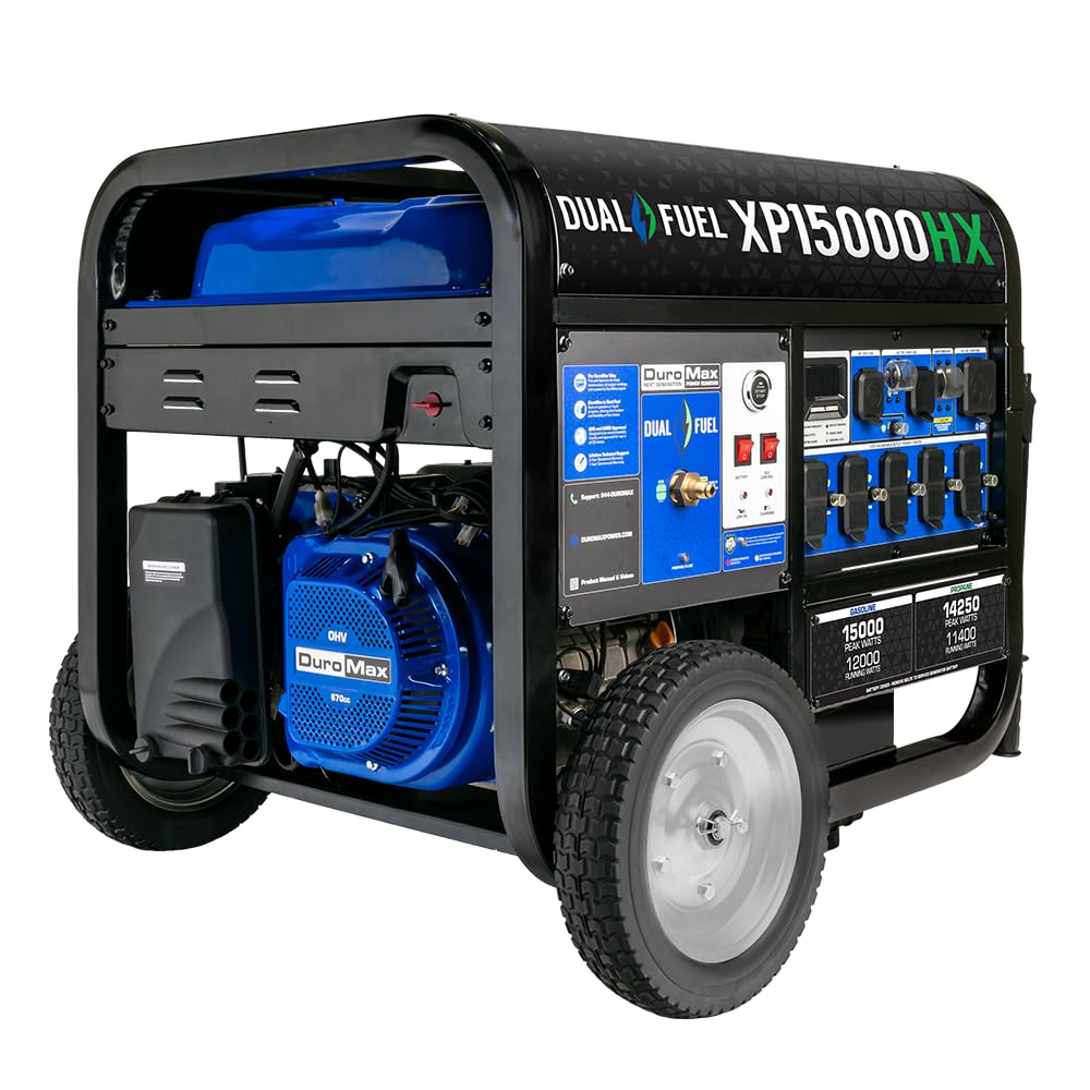 DuroMax XP12000HX 12,000-Watt Dual Fuel Portable Generator - Gas & Propane, Electric Start, Whole Home Power Backup, Transfer Switch Ready, RV & Emergency Ready