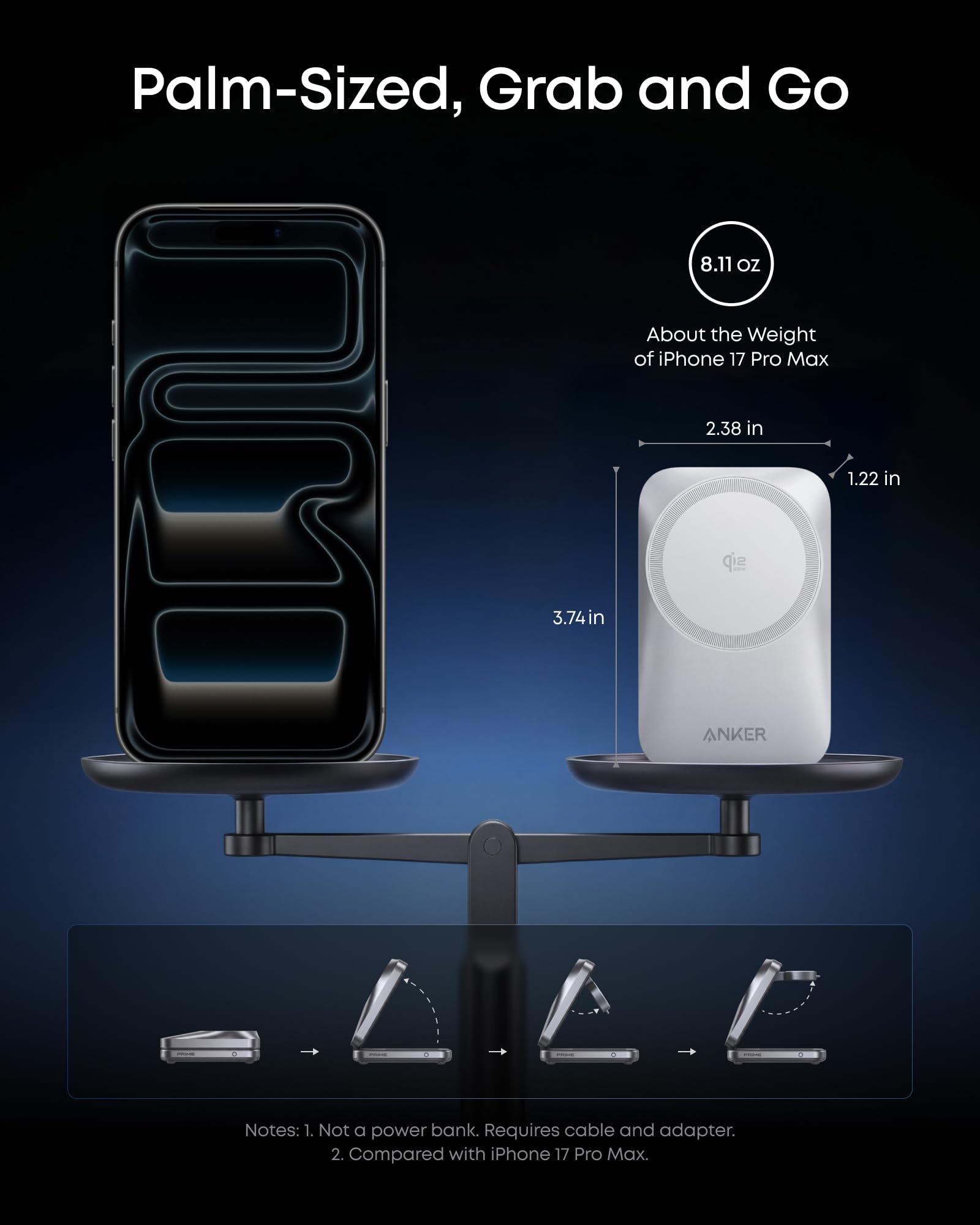 Anker Prime Foldable MagSafe Charger, 25W Qi2.2-Certified Palm-Sized Travel-Ready 3-in-1 Charging Station, AirCool Wireless Charger, for iPhone 17, Apple Watch, AirPods (Non-Battery, with Adapter)
