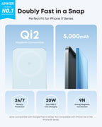 Anker Nano MagSafe Portable Charger, Ultra-Slim 5,000mAh Magnetic Wireless Power Bank, Qi2-Certified 15W Max, Compact for Travel, Ergonomic Design, for iPhone 17/16 Series, and More