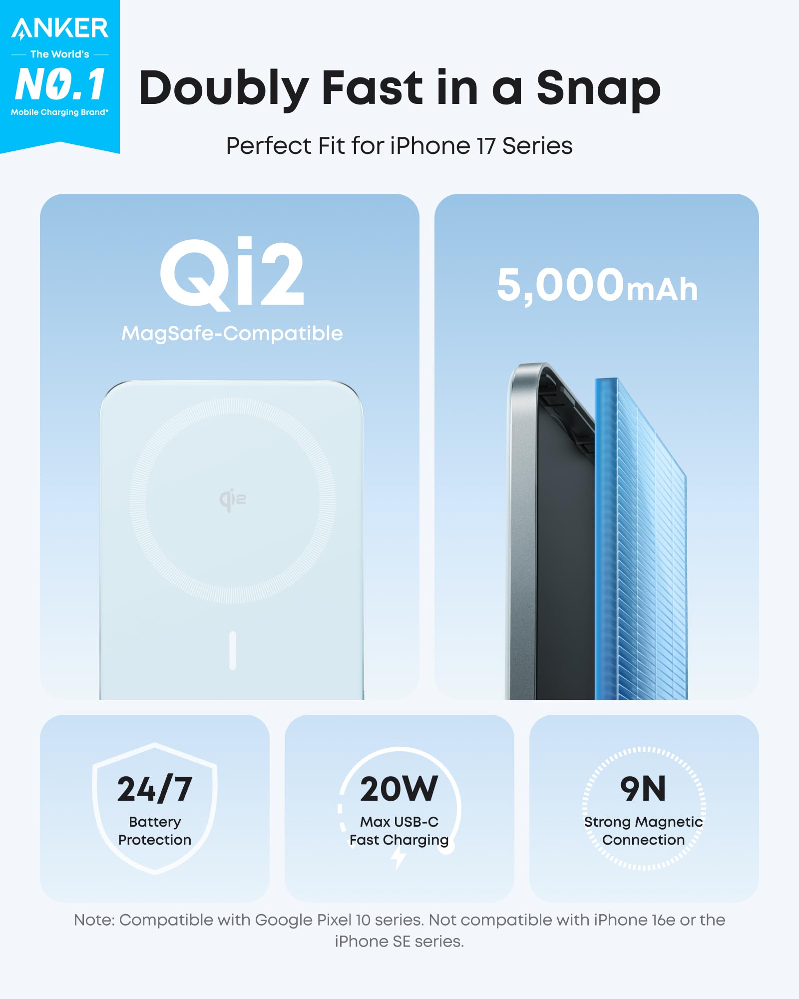 Anker Nano MagSafe Portable Charger, Ultra-Slim 5,000mAh Magnetic Wireless Power Bank, Qi2-Certified 15W Max, Compact for Travel, Ergonomic Design, for iPhone 17/16 Series, and More