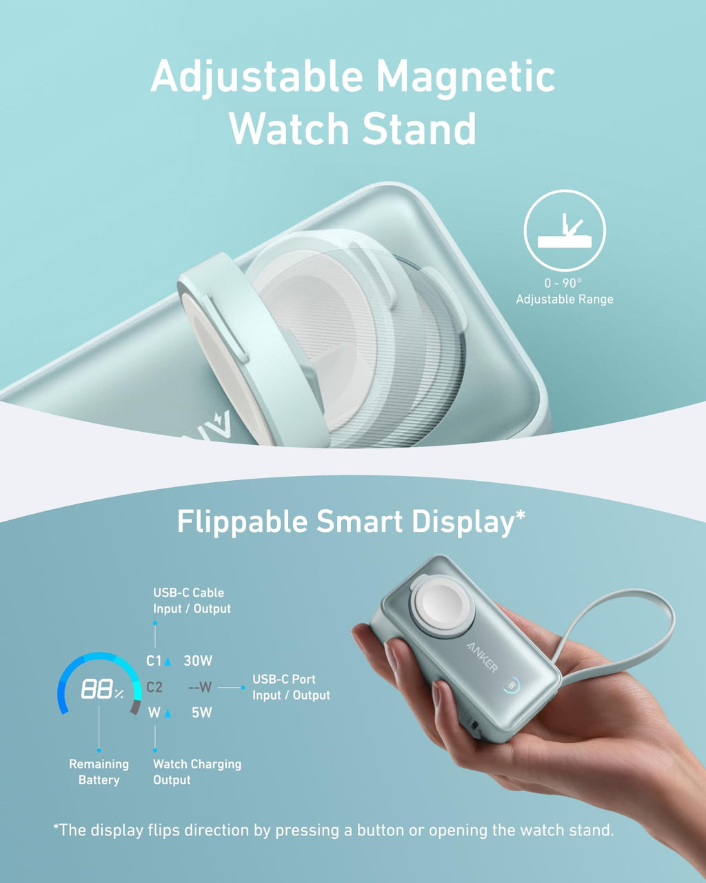 Anker MagGo Power Bank for Apple Watch, Officially Certified 10,000mAh Compact Battery Pack with Built-in USB-C Cable, 35W Max, for iPhone 15 Series, Samsung, iPad, AirPods, and More(White)