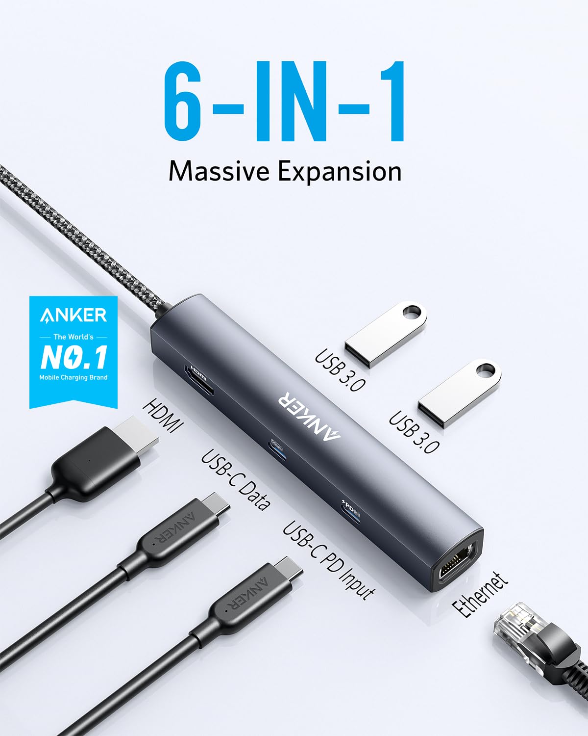 Anker 6-in-1 USB C Hub with Ethernet, USB C to 4K HDMI Multiport Adapter, 1Gbps Ethernet, 65W Power Delivery, 1xUSB-C & 2xUSB-A Ports for MacBook Air, iPad Pro, XPS, Home Office and More