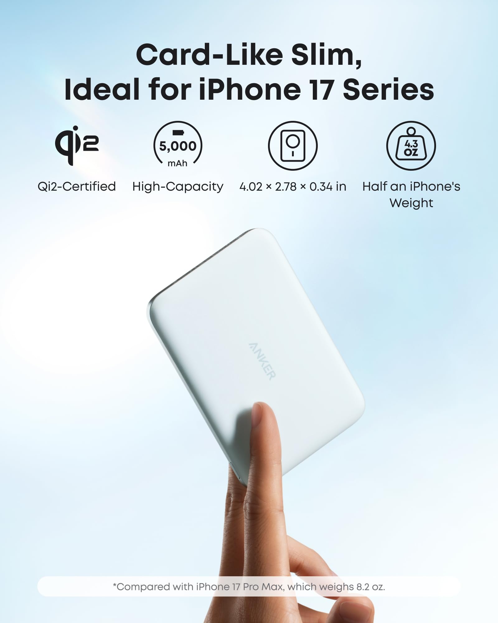 Anker Nano MagSafe Portable Charger, Ultra-Slim 5,000mAh Magnetic Wireless Power Bank, Qi2-Certified 15W Max, Compact for Travel, Ergonomic Design, for iPhone 17/16 Series, and More