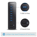 Anker Powered USB Hub for Laptop, 7 Ports USB 3.0 Data Hub, with 36W Power Adapter and BC 1.2 Charging Port for iPhone 7/6s Plus, iPad Air 2, Galaxy S Series, Note Series, Mac, PC, USB-Flash Drives