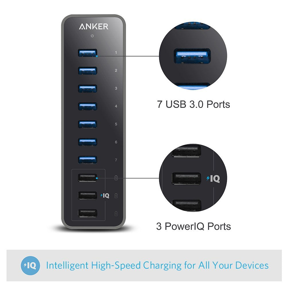 Anker Powered USB Hub for Laptop, 7 Ports USB 3.0 Data Hub, with 36W Power Adapter and BC 1.2 Charging Port for iPhone 7/6s Plus, iPad Air 2, Galaxy S Series, Note Series, Mac, PC, USB-Flash Drives