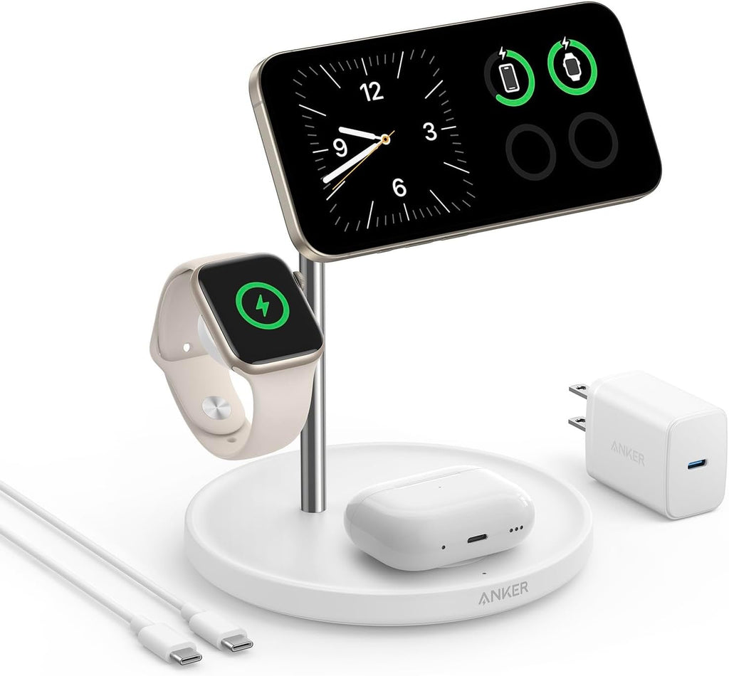 Anker MagGo 3 in 1 iPhone 17 Charging Station, MagSafe-Compatible Wireless Charger Stand, Qi2 Certified 15W Foldable Charger for iPhone 17/16/15/14/13/12, AirPods, Apple Watch Ultra(Adapter Included)