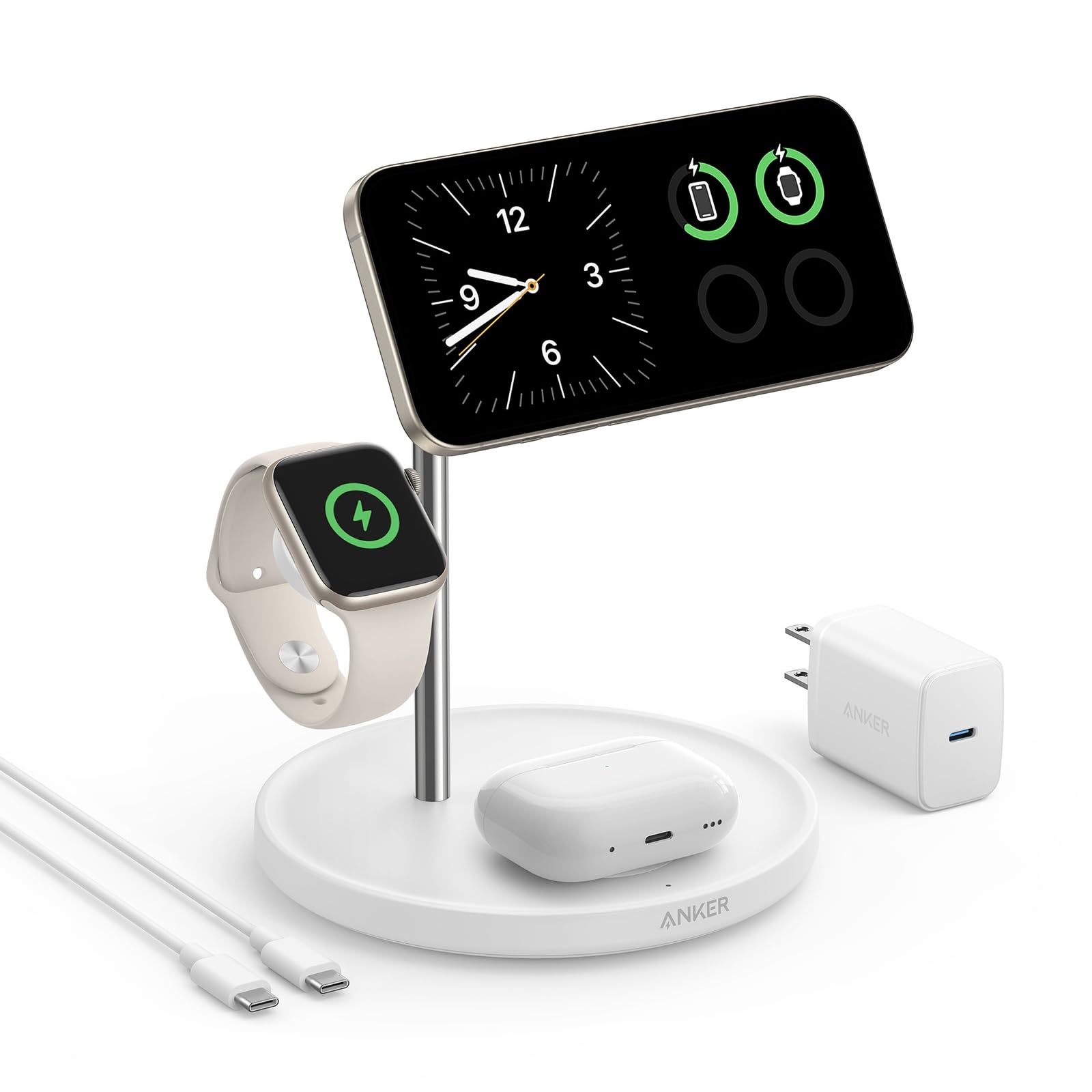 Anker MagSafe Charger Stand Compatible, iPhone 17 MagGo 3 in 1 Wireless Charging Station,Qi2 Certified 15W Wireless Charger, Desk Accessory, for iPhone 16/15/14/13 Series Apple Watch, AirPods