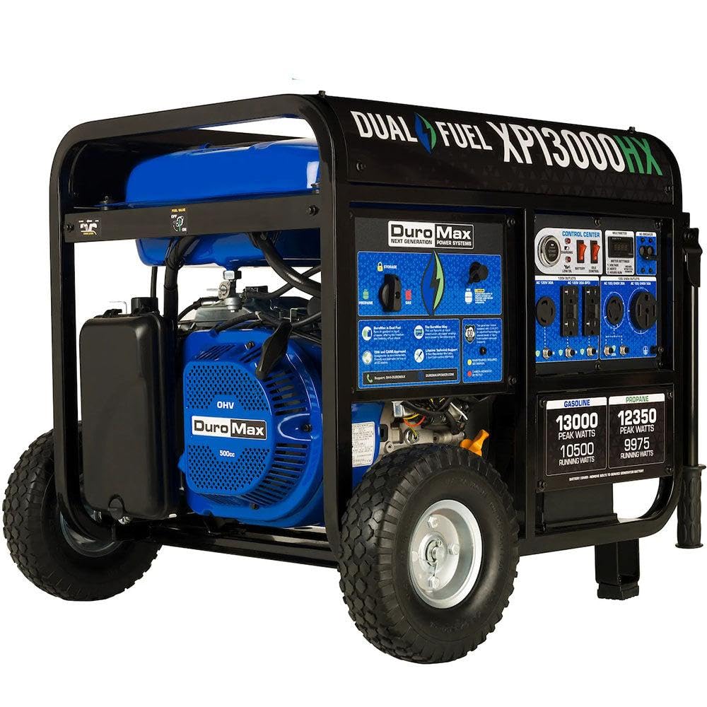 DuroMax XP13000HXT 13,000-Watt 500cc Tri Fuel Gas Propane Natural Gas Portable Generator with CO Alert, Black/Blue