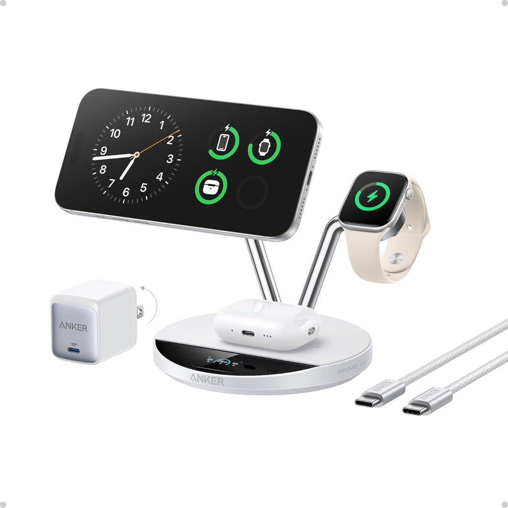 Anker Prime 3-in-1 Charging Station, Qi2.2-Certified 25W Wireless Charger Dock Stand, MagSafe Compatible, Smart Display with TEC Active Cooling, for iPhone 17, Apple Watch, AirPods, and More