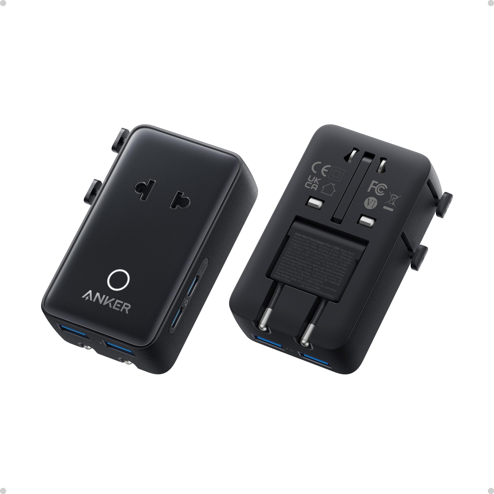 Anker Nano Travel Adapter, 5-Port Power Adapter with 1× 2-Pin AC, 2 USB A, 2 USB C for 20W, Smart Temperature Control, Works in 200+ Countries, Not a Voltage Converter, Travel Essentials (1-Pack)