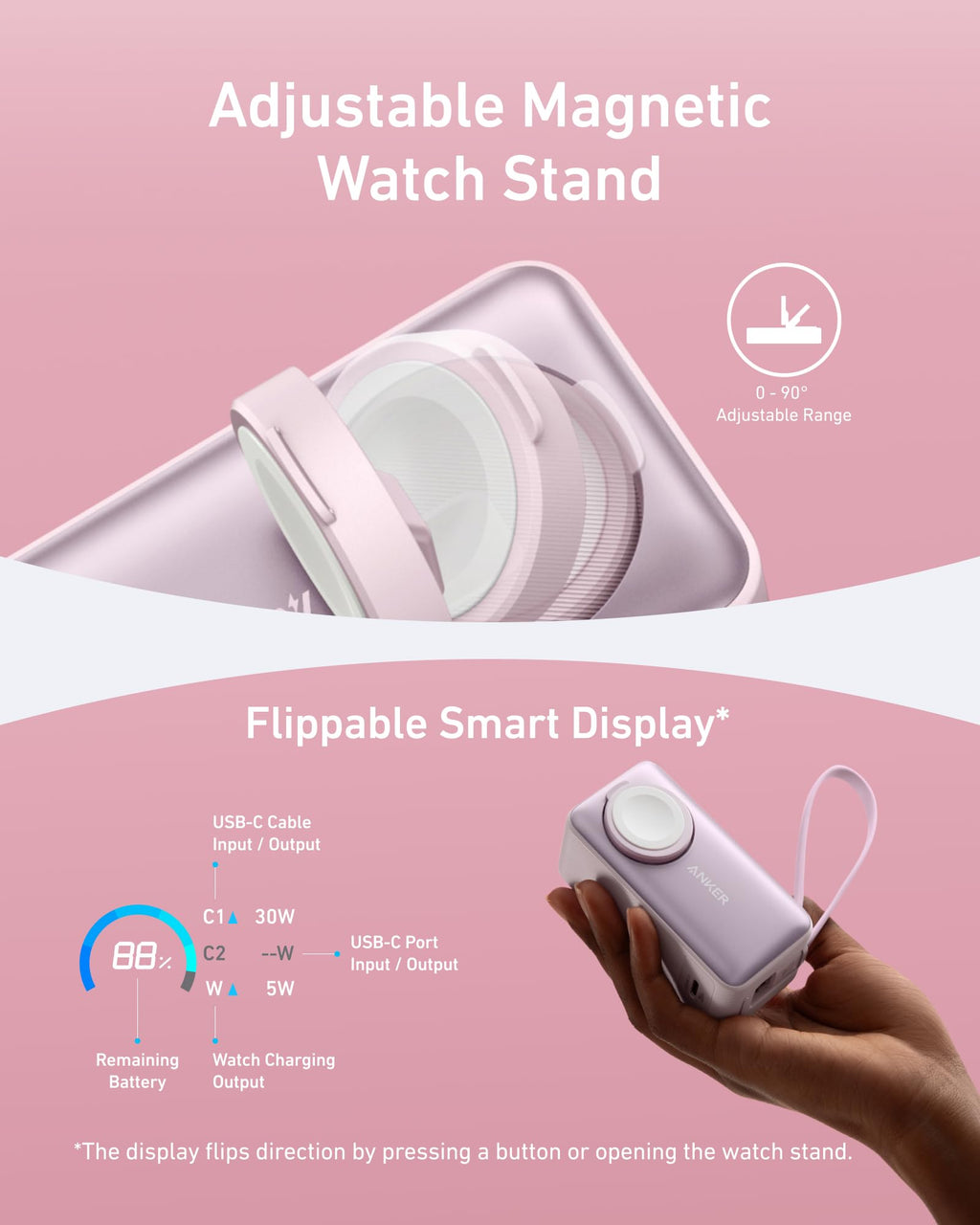 Anker MagGo Power Bank for Apple Watch, Officially Certified 10,000mAh Compact Battery Pack with Built-in USB-C Cable, 35W Max, for iPhone 15 Series, Samsung, iPad, AirPods, and More(White)