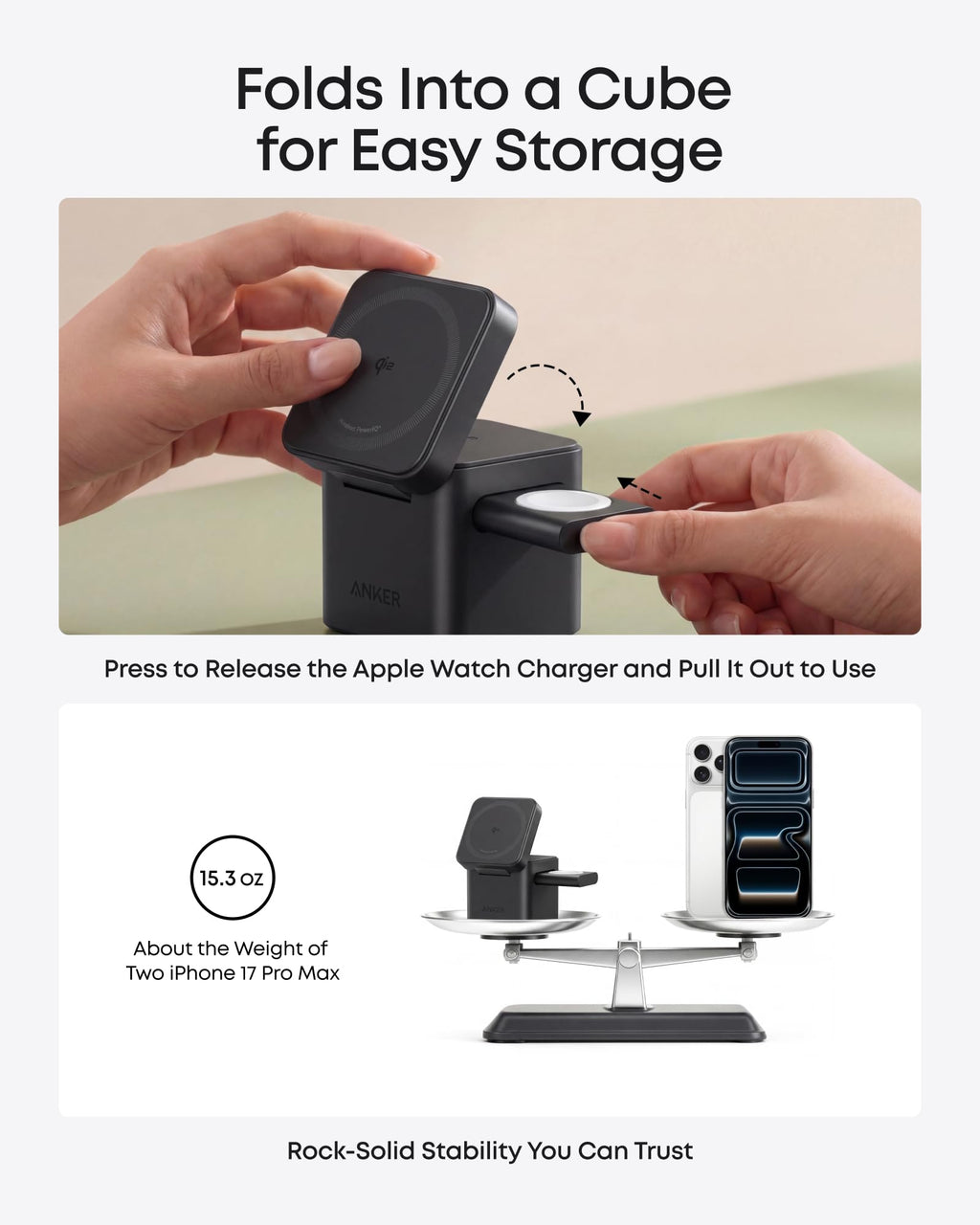 Anker 3-in-1 Cube Wireless Charger, MagSafe Charging Stand, 15W Foldable Fast Charging Station for iPhone 17/16/15, Apple Watch 1-8/Ultra, AirPods (Adapter Included, Non-Battery)