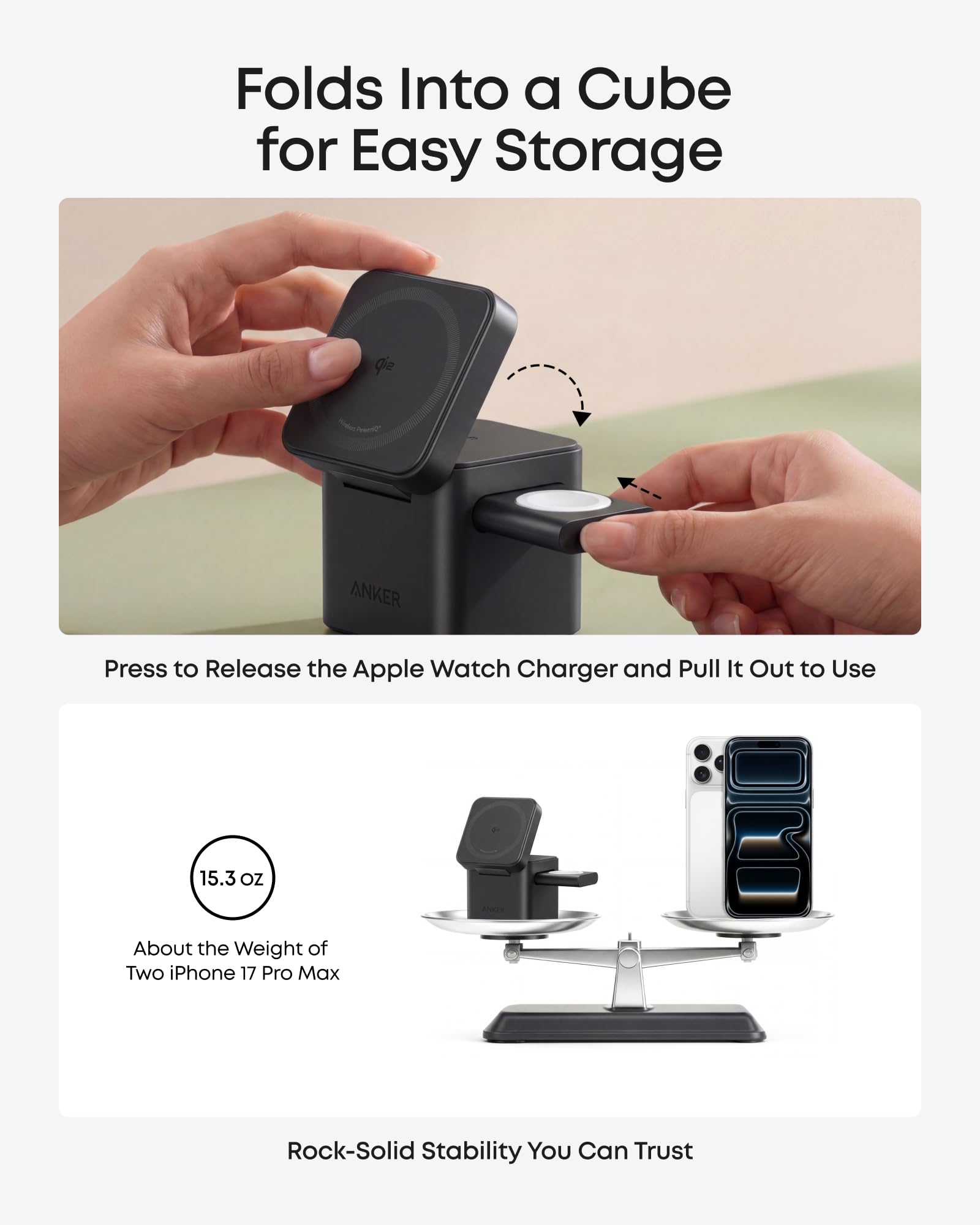 Anker 3-in-1 Cube Wireless Charger, MagSafe Charging Stand, 15W Foldable Fast Charging Station for iPhone 17/16/15, Apple Watch 1-8/Ultra, AirPods (Adapter Included, Non-Battery)