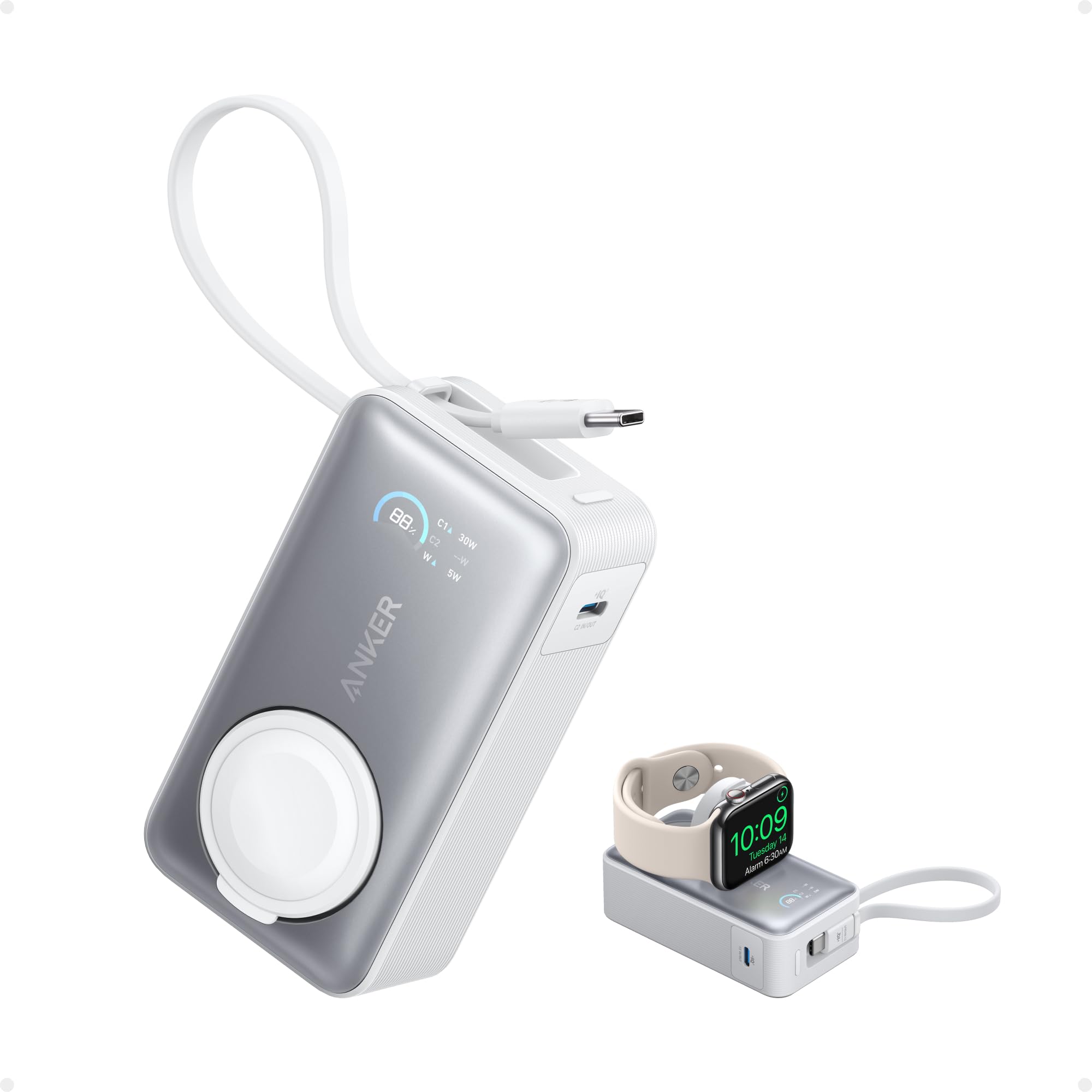 Anker MagGo Power Bank for Apple Watch, Officially Certified 10,000mAh Compact Battery Pack with Built-in USB-C Cable, 35W Max, for iPhone 15 Series, Samsung, iPad, AirPods, and More(White)