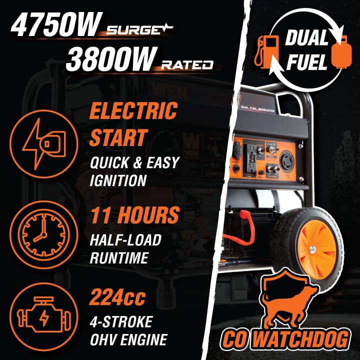 WEN 4,750-Watt 120V/240V Dual Fuel Portable Generator with Wheel Kit and Electric Start (DF475T)