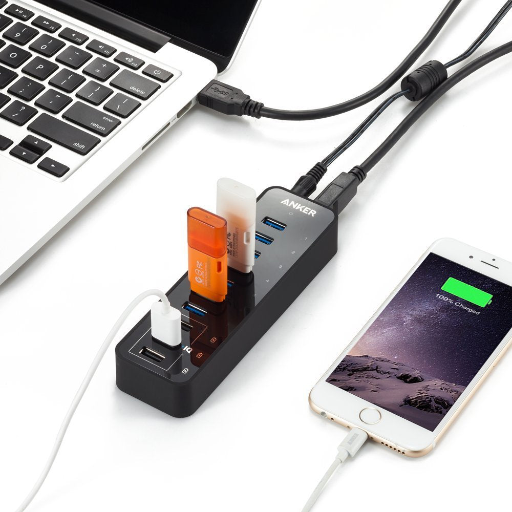 Anker Powered USB Hub for Laptop, 7 Ports USB 3.0 Data Hub, with 36W Power Adapter and BC 1.2 Charging Port for iPhone 7/6s Plus, iPad Air 2, Galaxy S Series, Note Series, Mac, PC, USB-Flash Drives
