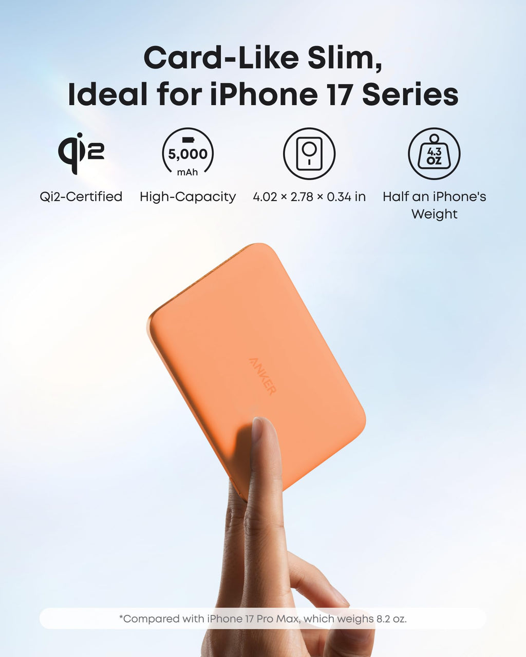 Anker Nano MagSafe Portable Charger, Ultra-Slim 5,000mAh Magnetic Wireless Power Bank, Qi2-Certified 15W Max, Compact for Travel, Ergonomic Design, for iPhone 17/16 Series, and More