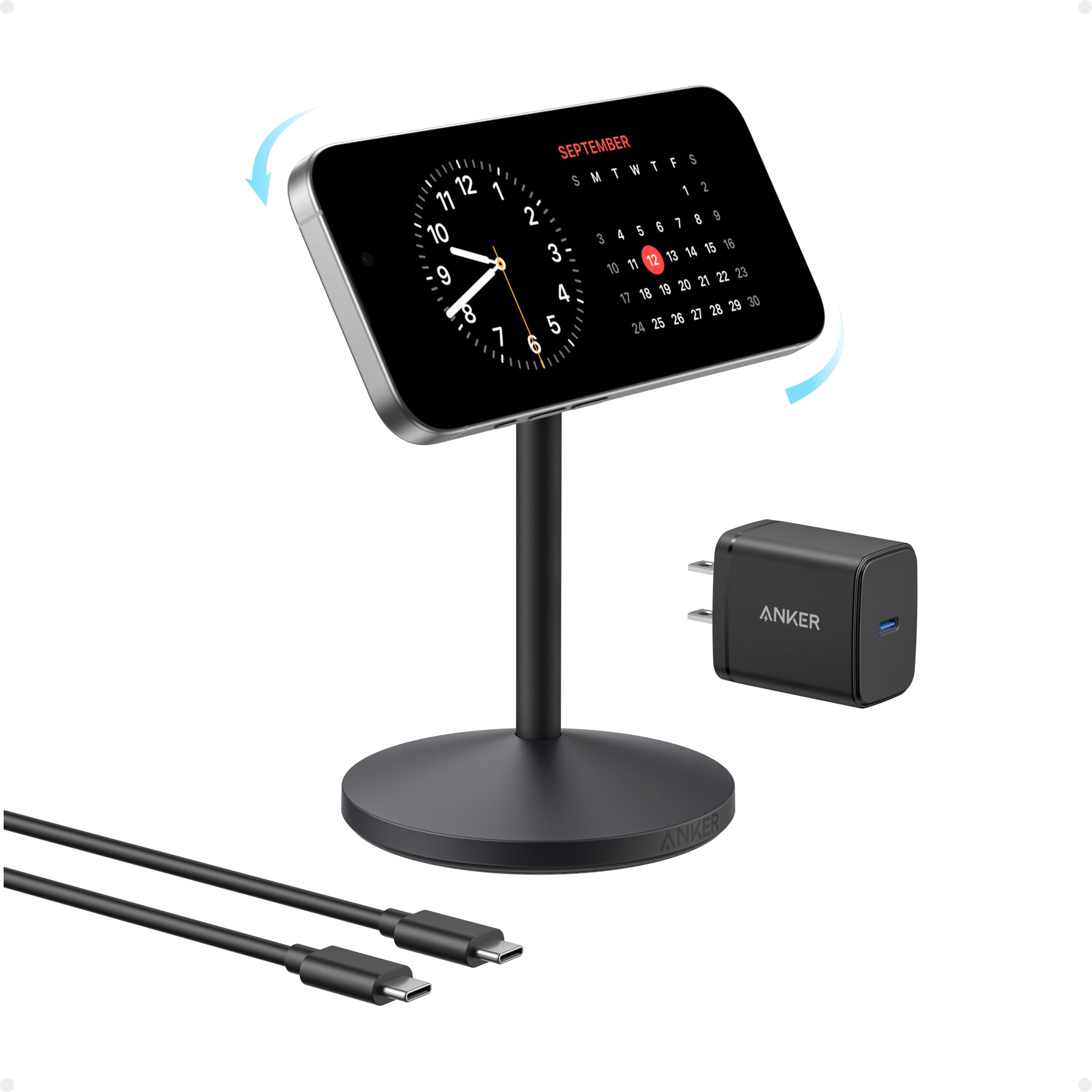 Anker MagGo iPhone 17 MagSafe Charger Compatible Stand, 15W Fast Magnetic Wireless Charging Station, Qi2 Certified 360° Wireless Charger, Magnetic Stand for iPhone 17/16/15/14/13 Series (No Adapter)
