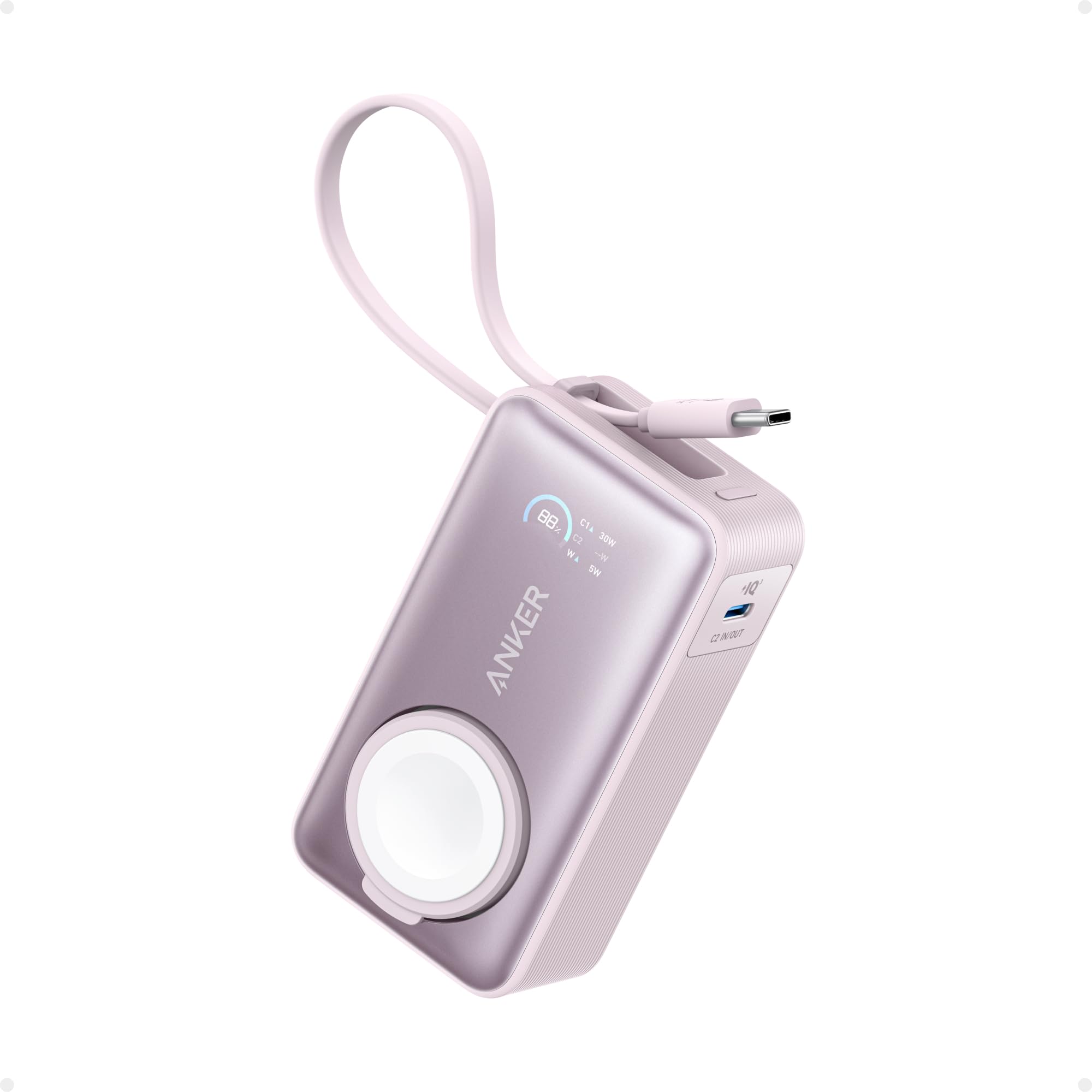 Anker MagGo Power Bank for Apple Watch, Officially Certified 10,000mAh Compact Battery Pack with Built-in USB-C Cable, 35W Max, for iPhone 15 Series, Samsung, iPad, AirPods, and More(White)