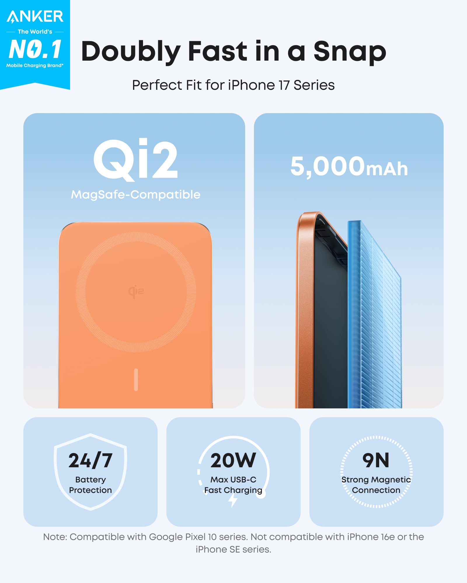 Anker Nano MagSafe Portable Charger, Ultra-Slim 5,000mAh Magnetic Wireless Power Bank, Qi2-Certified 15W Max, Compact for Travel, Ergonomic Design, for iPhone 17/16 Series, and More
