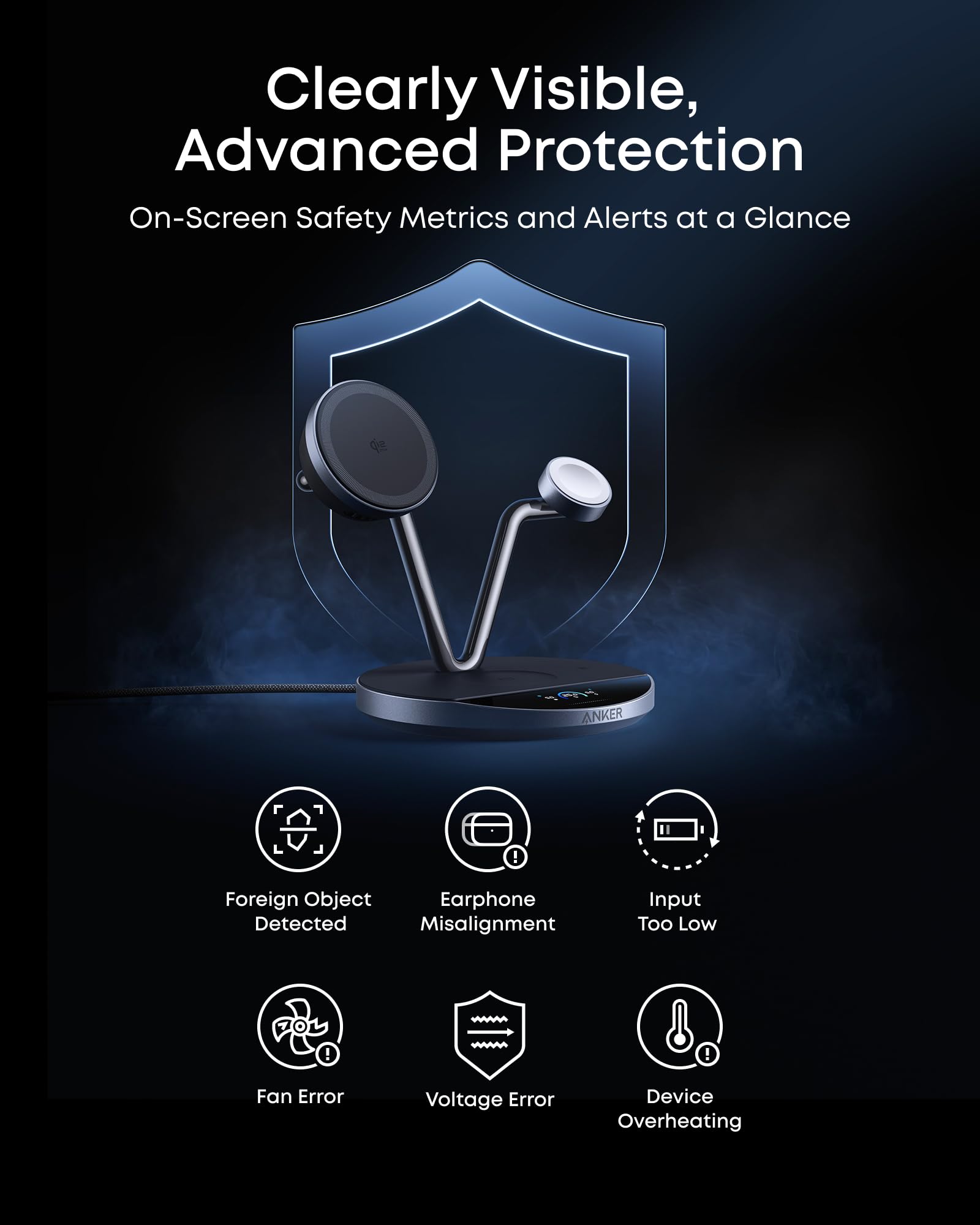 Anker Prime 3-in-1 Charging Station, Qi2.2-Certified 25W Wireless Charger Dock Stand, MagSafe Compatible, Smart Display with TEC Active Cooling, for iPhone 17, Apple Watch, AirPods, and More
