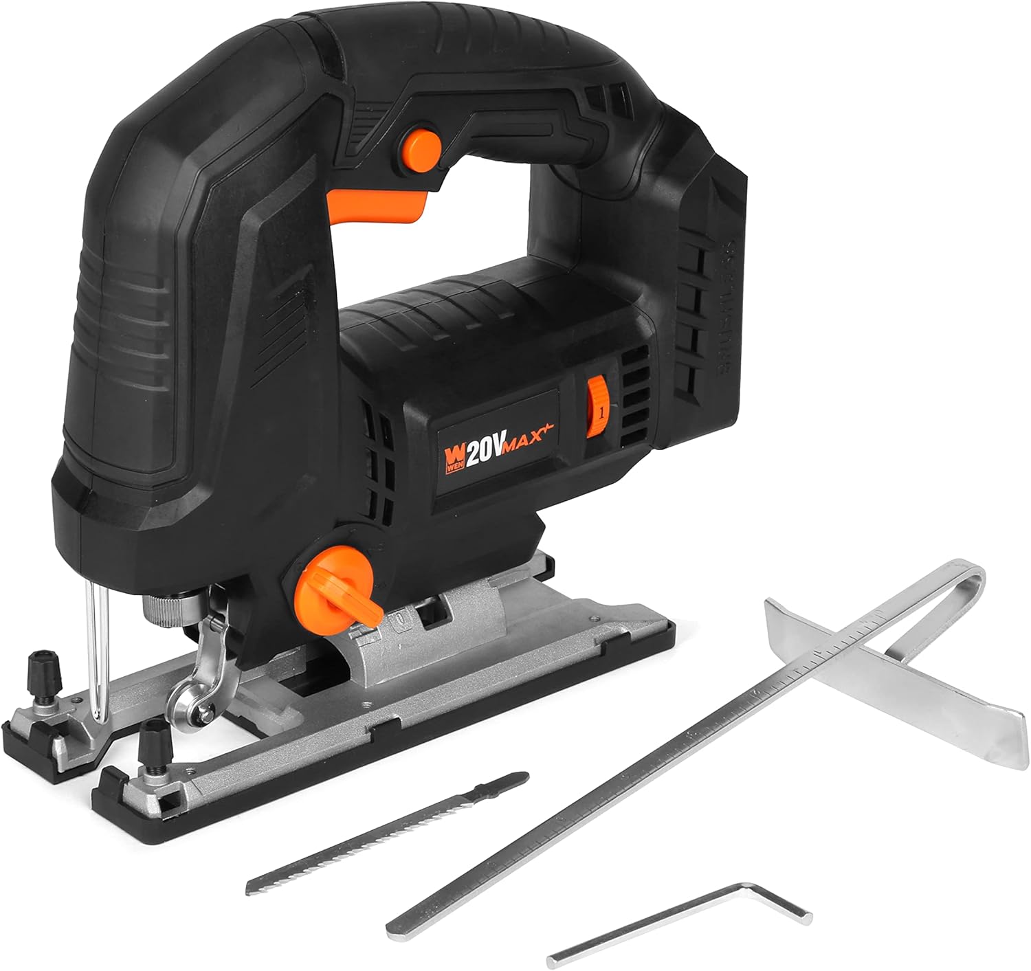 WEN Cordless Jigsaw, Brushless with Auto-Speed, 20V Max 4.0Ah Lithium Ion Battery, and Charger (20670)