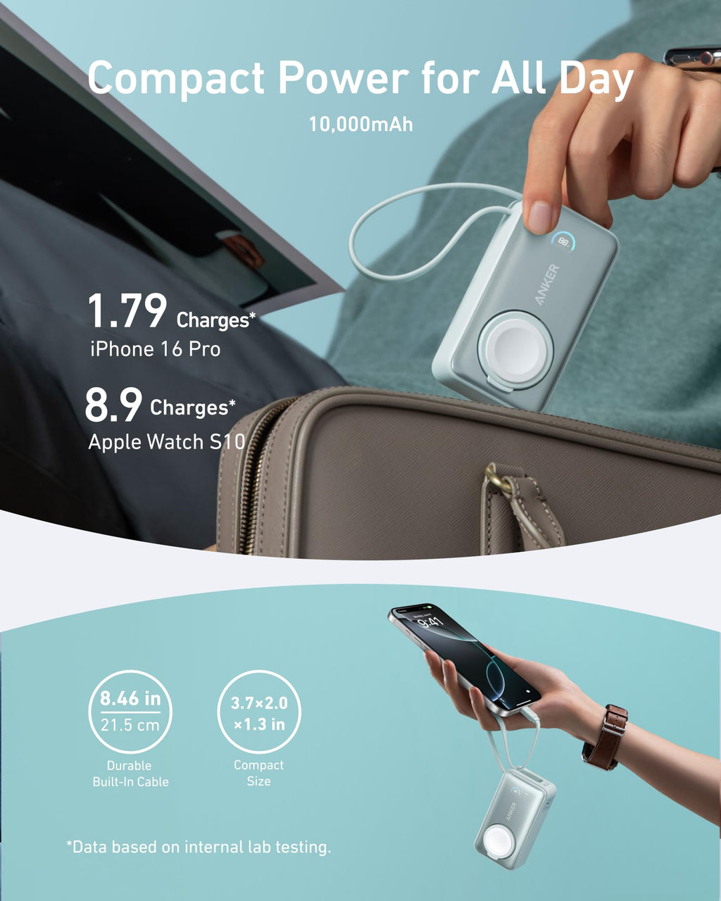 Anker MagGo Power Bank for Apple Watch, Officially Certified 10,000mAh Compact Battery Pack with Built-in USB-C Cable, 35W Max, for iPhone 15 Series, Samsung, iPad, AirPods, and More(White)