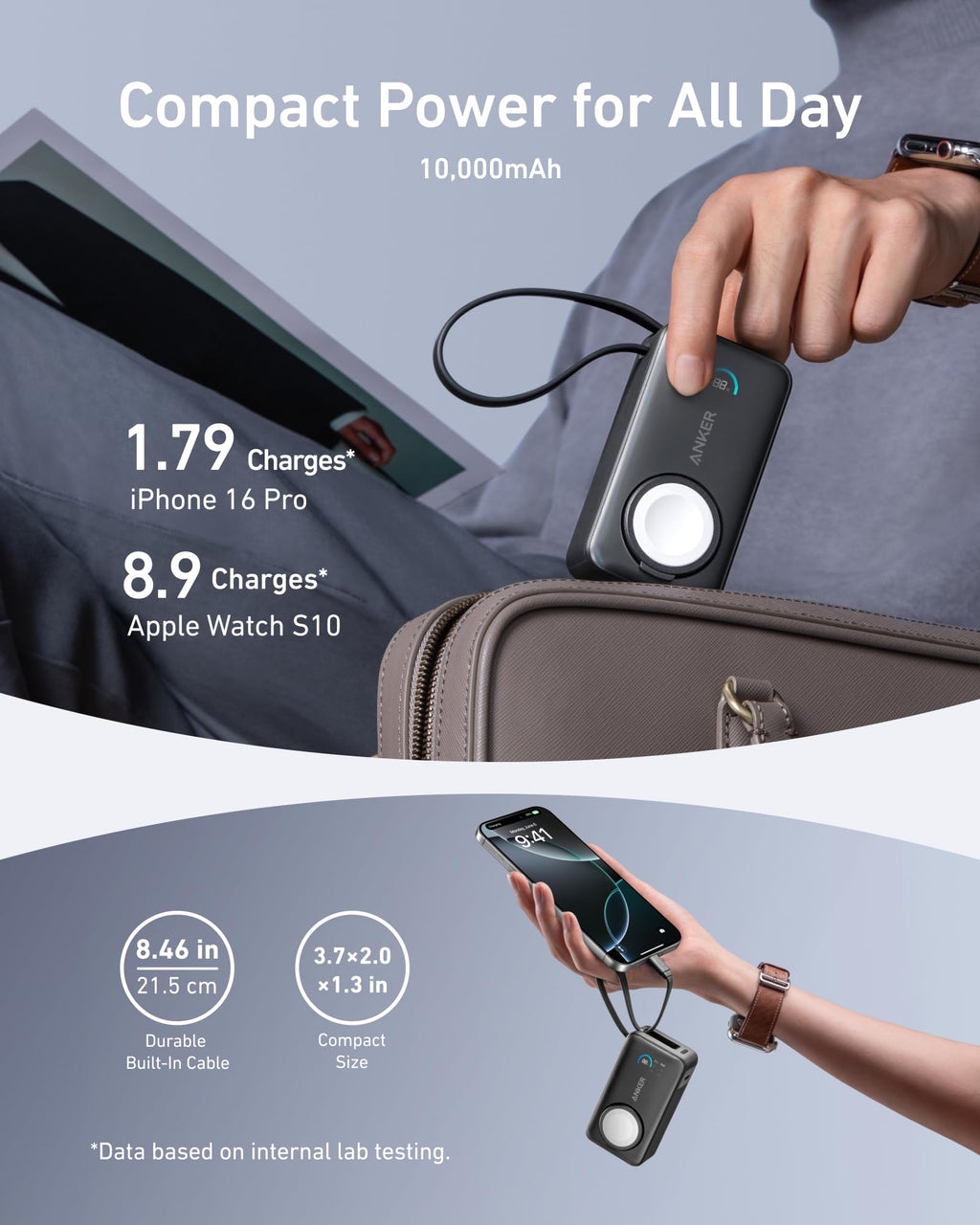 Anker MagGo Power Bank for Apple Watch, Officially Certified 10,000mAh Compact Battery Pack with Built-in USB-C Cable, 35W Max, for iPhone 15 Series, Samsung, iPad, AirPods, and More(White)