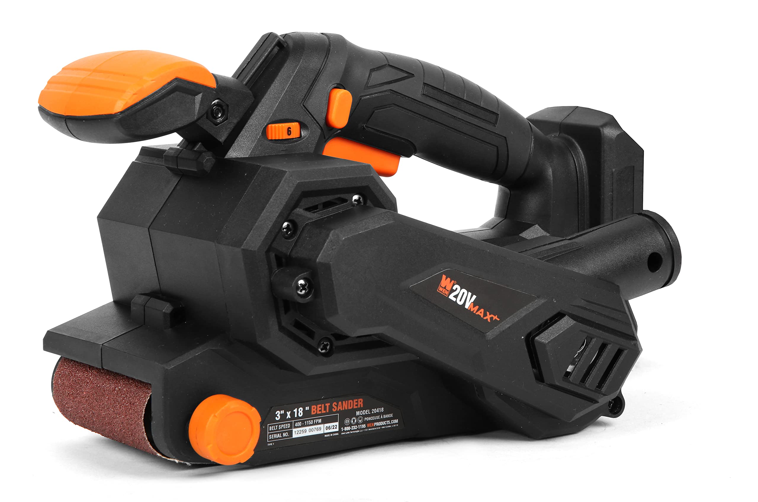 WEN 20418 20V Max Cordless Belt Sander, Variable Speed, Handheld and Portable with 4.0Ah Battery and Charger