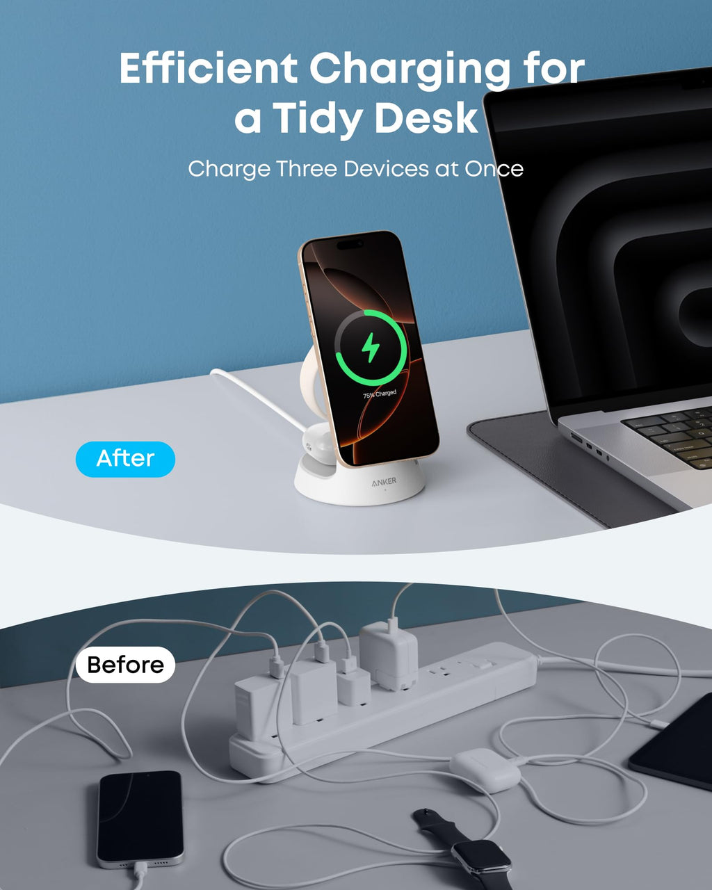 Anker MagSafe Charger Compatible, MagGo 3-in-1 Charging Station, Nano Charging Stand, Qi2 Certified 15W Magnetic Wireless Charger Dock, for iPhone17/16/15/14, Apple Watch,AirPods (Adapter Included)
