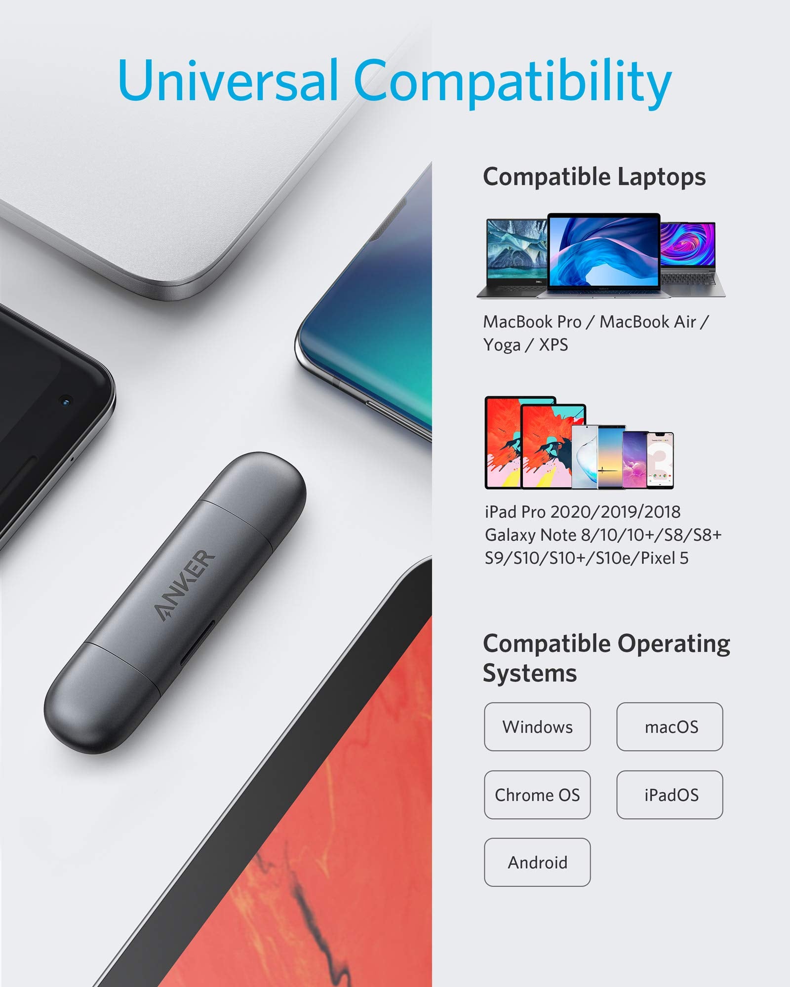 Anker USB-C and USB 3.0 SD Card Reader, PowerExpand+ 2-in-1 Memory Card Reader with Dual Connectors, for SDXC, SDHC, (Micro) SD, MMC, RS-MMC, Micro SDXC, Micro SDHC, and UHS-I