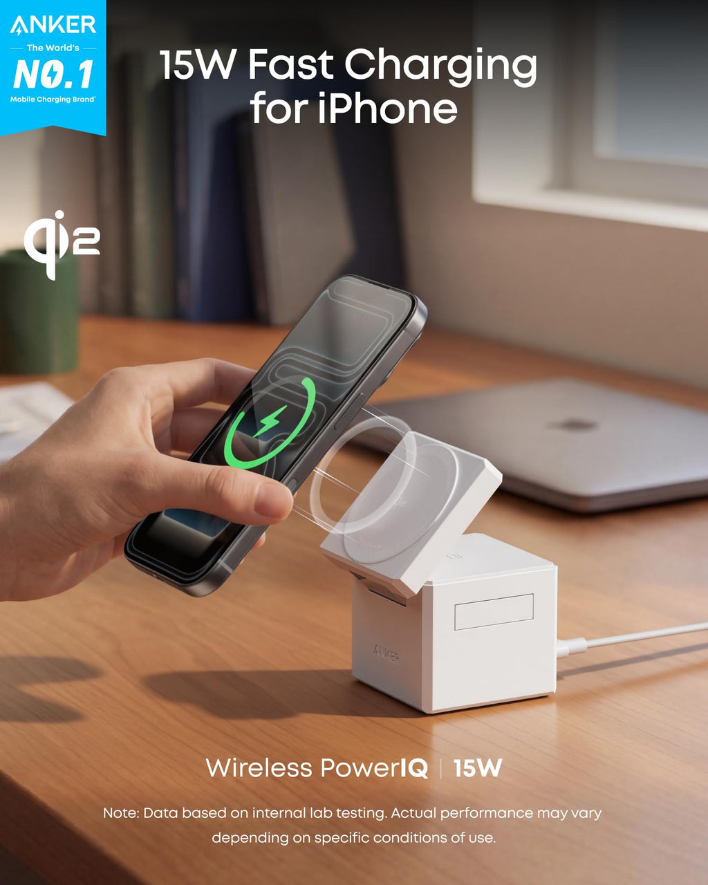 Anker 3-in-1 Cube Wireless Charger, MagSafe Charging Stand, 15W Foldable Fast Charging Station for iPhone 17/16/15, Apple Watch 1-8/Ultra, AirPods (Adapter Included, Non-Battery)