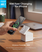 Anker 3-in-1 Cube Wireless Charger, MagSafe Charging Stand, 15W Foldable Fast Charging Station for iPhone 17/16/15, Apple Watch 1-8/Ultra, AirPods (Adapter Included, Non-Battery)