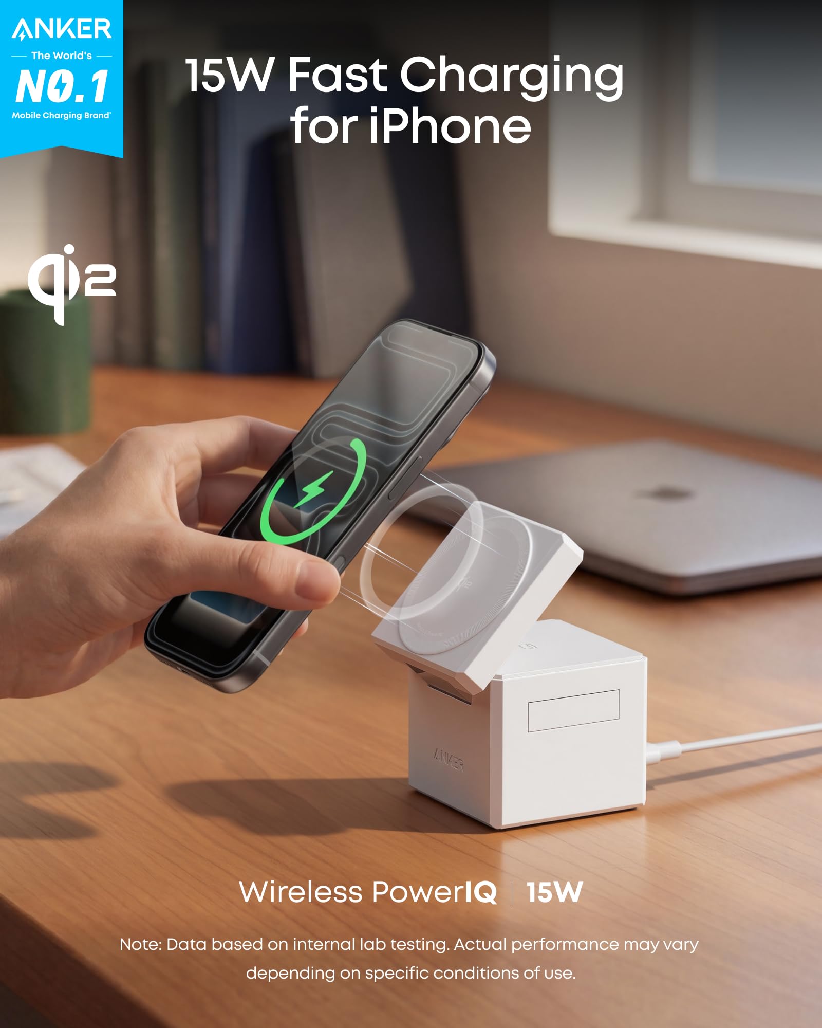 Anker 3-in-1 Cube Wireless Charger, MagSafe Charging Stand, 15W Foldable Fast Charging Station for iPhone 17/16/15, Apple Watch 1-8/Ultra, AirPods (Adapter Included, Non-Battery)