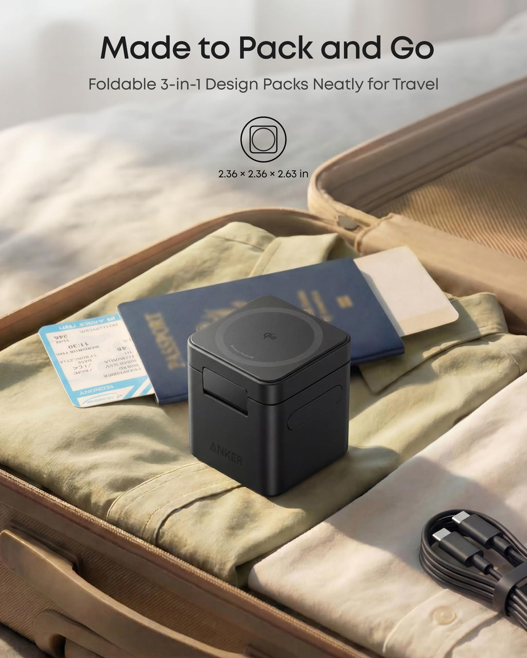 Anker 3-in-1 Cube Wireless Charger, MagSafe Charging Stand, 15W Foldable Fast Charging Station for iPhone 17/16/15, Apple Watch 1-8/Ultra, AirPods (Adapter Included, Non-Battery)