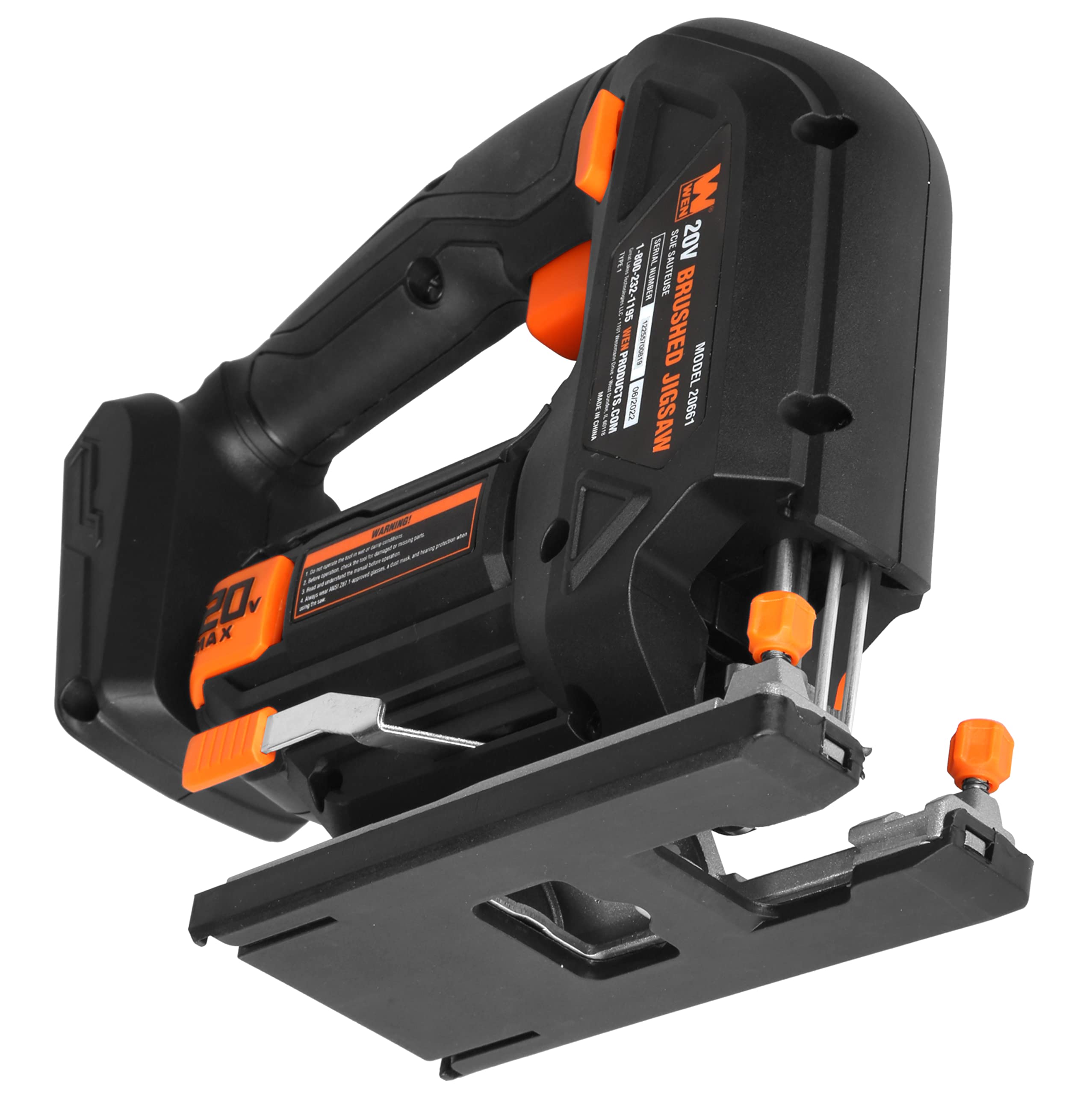 WEN Cordless Jigsaw, Brushless with Variable Speed, 20V Max 4.0 Ah Lithium Ion Battery and Charger (20667)