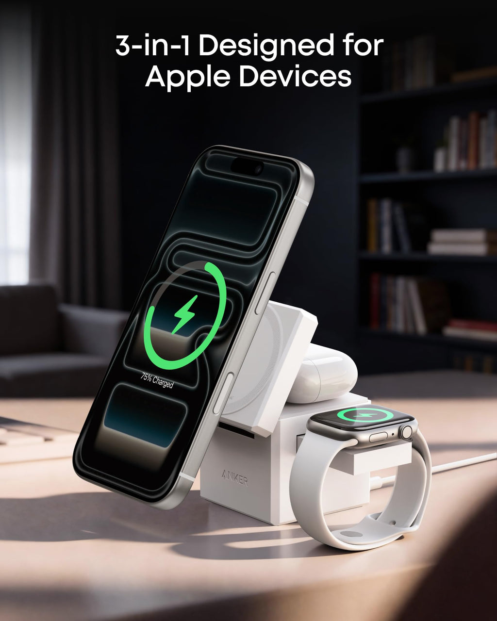 Anker 3-in-1 Cube Wireless Charger, MagSafe Charging Stand, 15W Foldable Fast Charging Station for iPhone 17/16/15, Apple Watch 1-8/Ultra, AirPods (Adapter Included, Non-Battery)